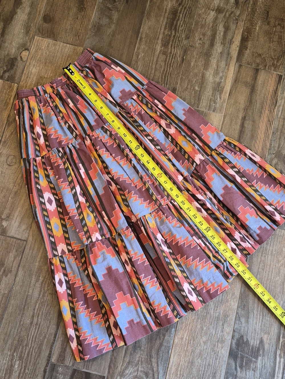 XXS-M Vtg Rockmount Ranch Wear Aztec Print Tiered Elastic Waist Midi Skirt - Picture 2 of 15